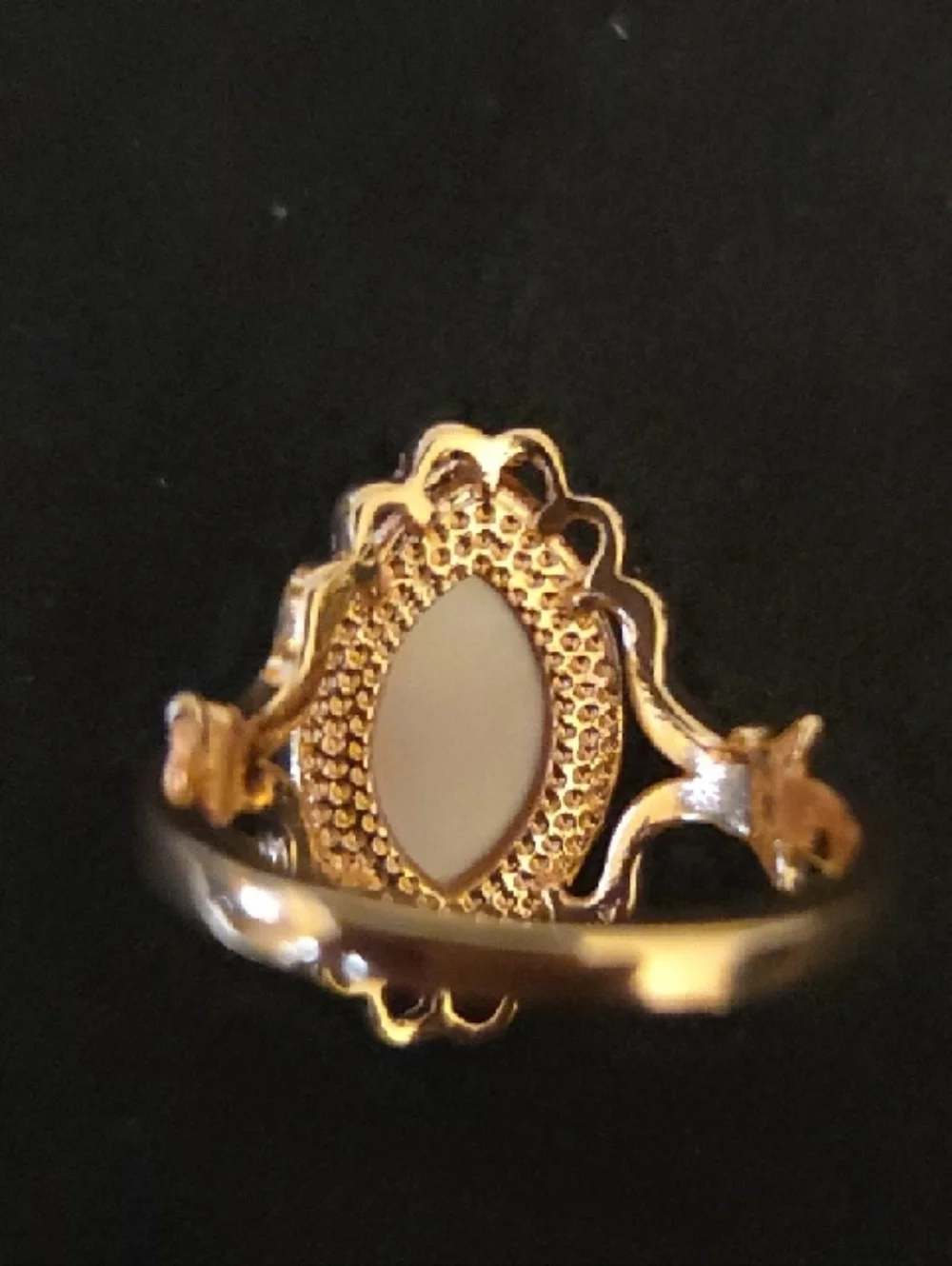 Delicate Gold-Tone Filigree Pink Resin Ring with Crystal Accents